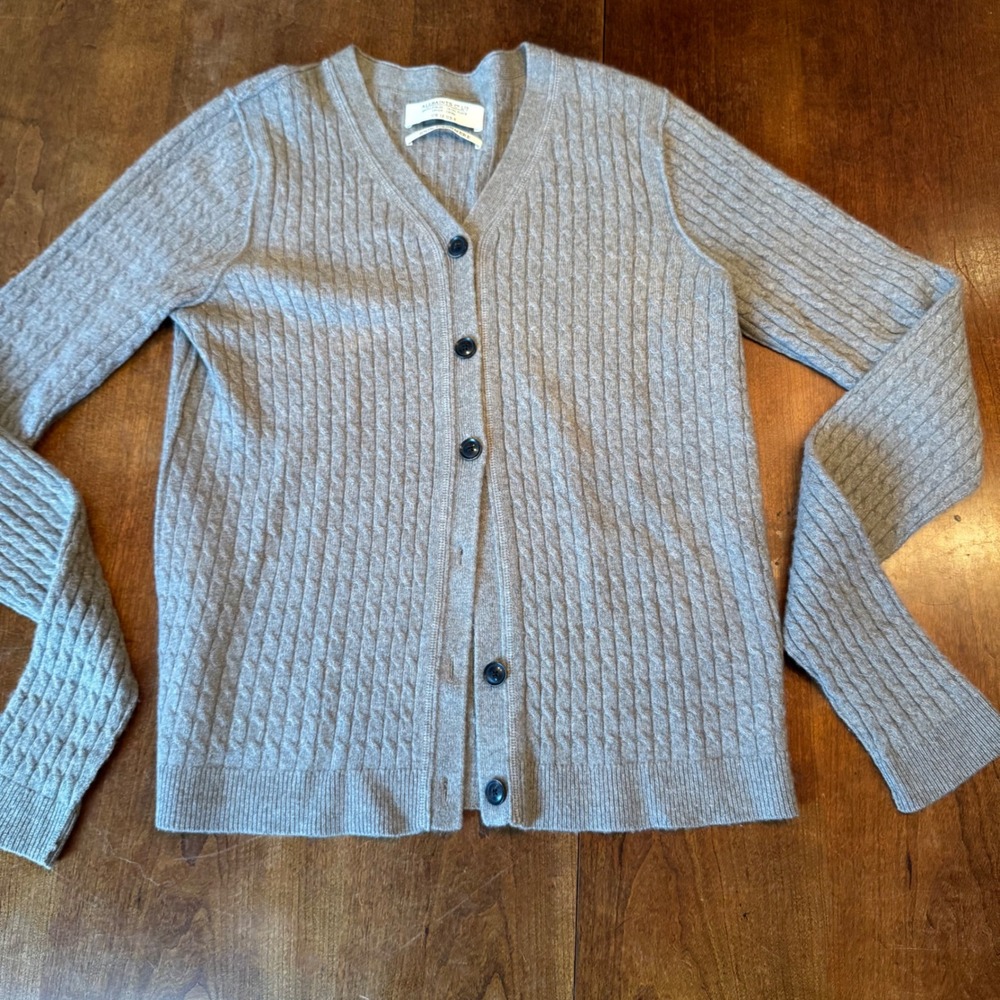 AllSaints Cardigan Women 8 Grey 100% Cashmere V-Neck Cable Knit Button Front